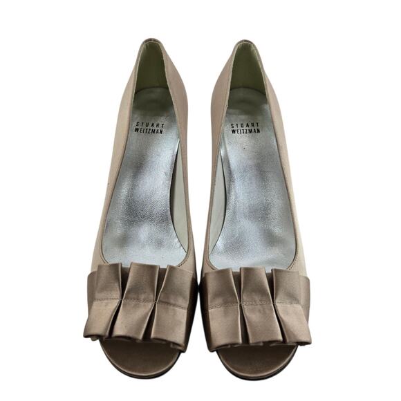 Stuart Weitzman Heels Womens 9 M Gigi Ritz Taupe Beige Satin Peep Toe Formal - Picture 5 of 11